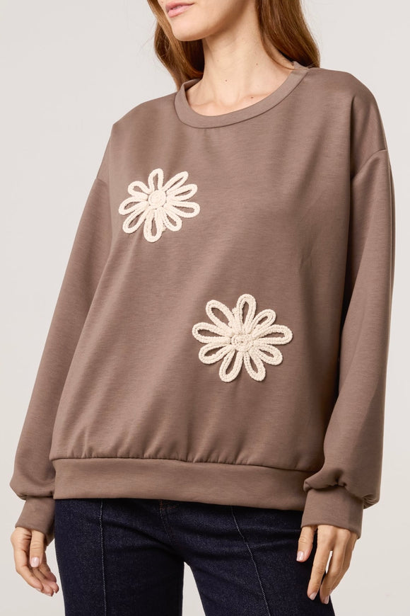 Mocha EMBROIDERED FLOWER SOFT TOUCH SWEATSHIRT