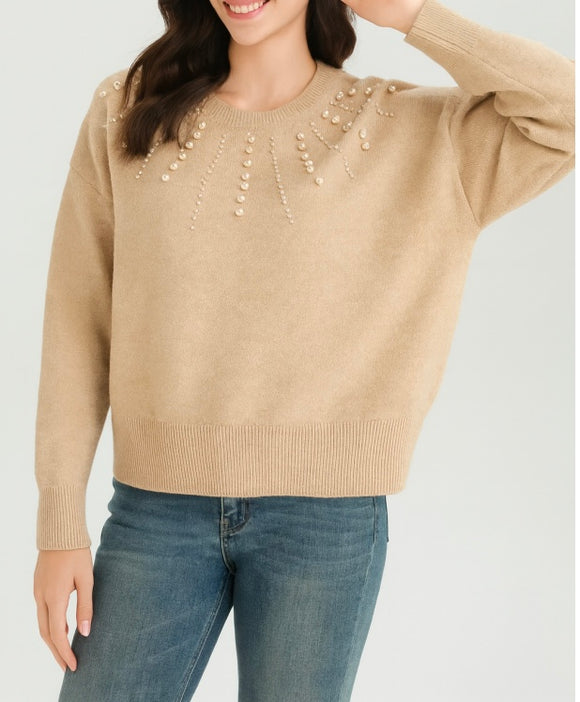 Camel Heavy Knit Beaded Jumper