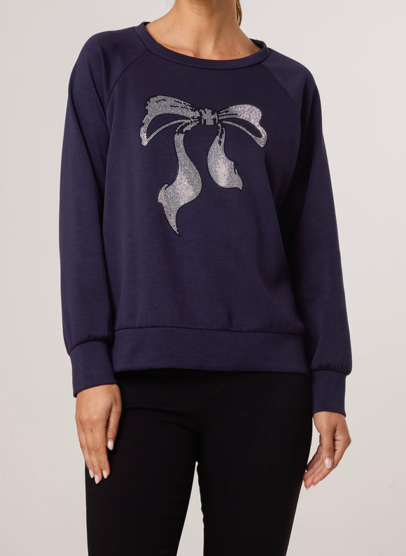 Navy DIAMANTE BOW ROUND NECK SWEATSHIRT