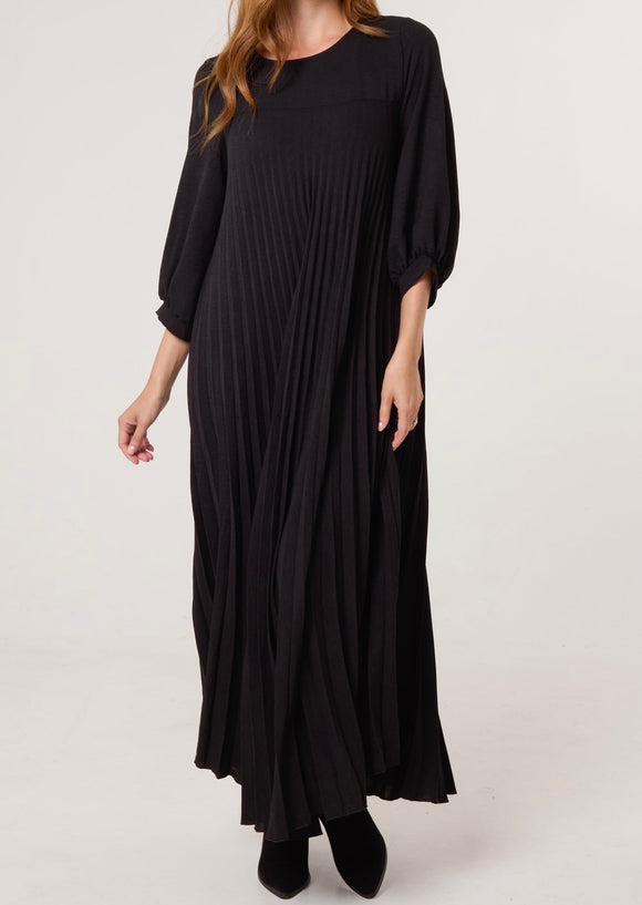 Black LONG SLEEVE POCKETS PLEATED MAXI DRESS