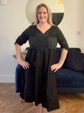 Black FLORAL EMBROIDERY & CROCHET TIERED DRESS
