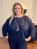 Navy NECKLACE PINSTRIPE BATWING BLOUSE