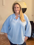 Light Blue COLLARLESS BALLOON SLEEVE BLOUSE