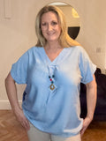 Light Blue NECKLACE V-NECK SHORT SLEEVE TOP