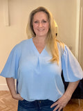 Soft Blue V-NECK PUFFED SLEEVE BLOUSE