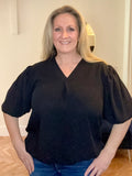 Black V-NECK PUFFED SLEEVE BLOUSE