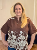 Brown Embroidered Floral Hem Blouse